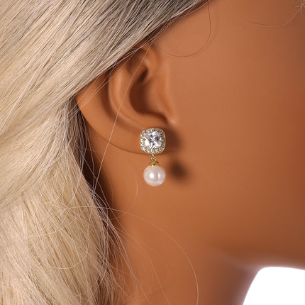 Aretes De Cobre Oro De 14K Cuadrados Con Zirconia Y Colgante De Perla