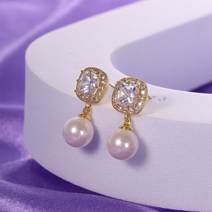 Aretes De Cobre Oro De 14K Cuadrados Con Zirconia Y Colgante De Perla