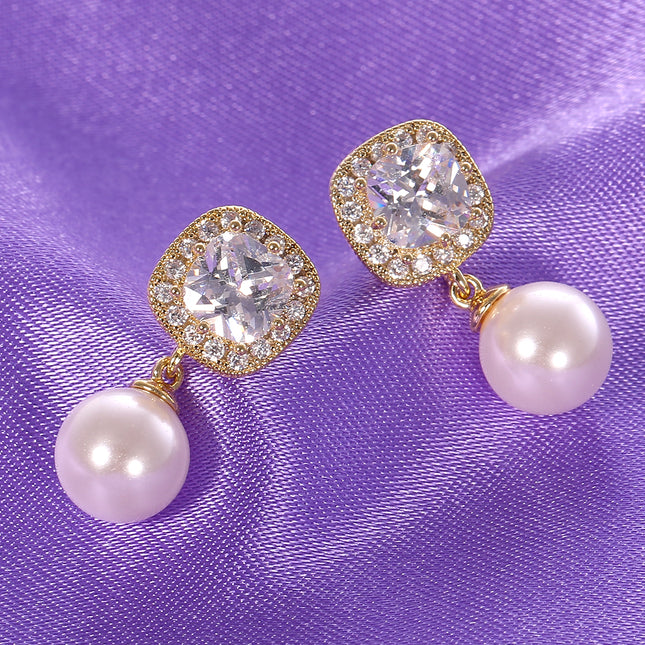 Aretes De Cobre Oro De 14K Cuadrados Con Zirconia Y Colgante De Perla