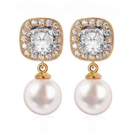 Aretes De Cobre Oro De 14K Cuadrados Con Zirconia Y Colgante De Perla
