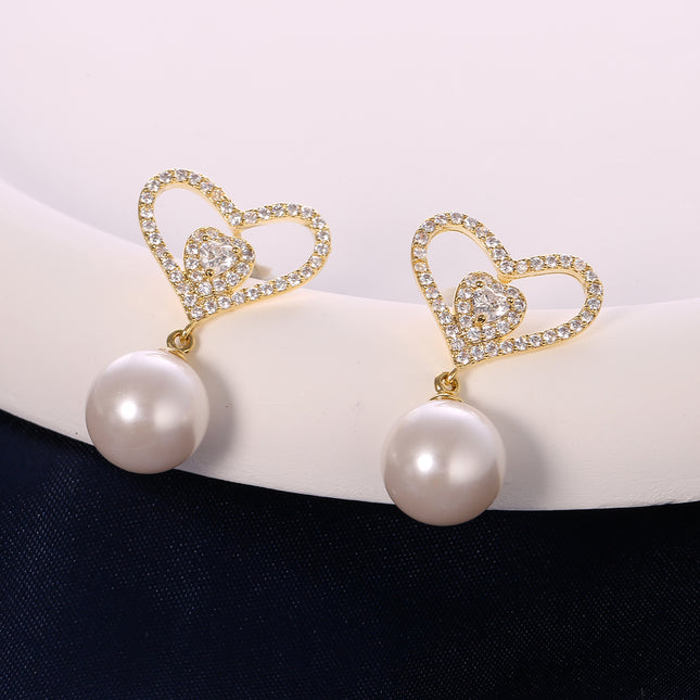Aretes De Corazón De Circonita Con Colgante De Perlas Pendiente Elegante
