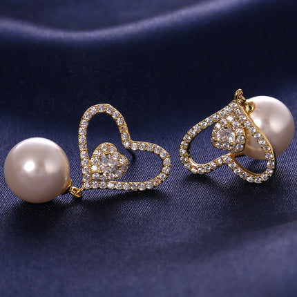Aretes De Corazón De Circonita Con Colgante De Perlas Pendiente Elegante