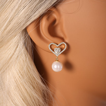 Aretes De Corazón De Circonita Con Colgante De Perlas Pendiente Elegante