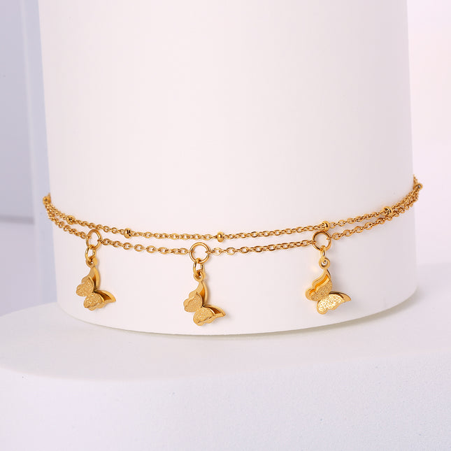 Tobillera De Doble Capa Cadena Fina Con Bolas De Acero Inoxidable Con Colgando Mariposas