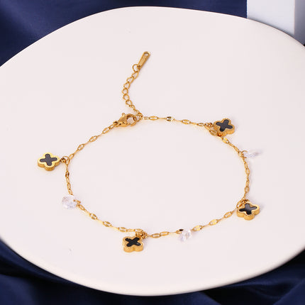 Tobillera Clásica De Cadena De Acero Inoxidable Con  Flor De Cuatro Hojas Y Circonio