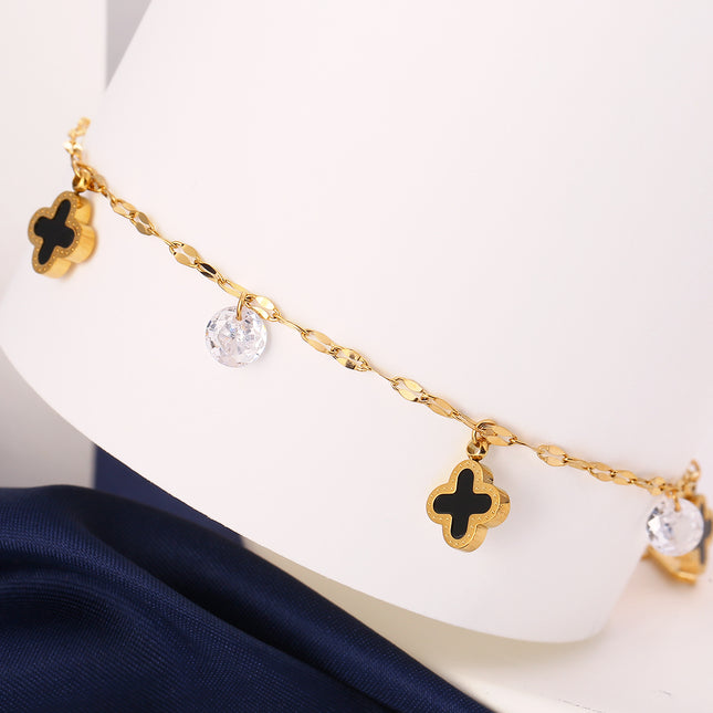 Tobillera Clásica De Cadena De Acero Inoxidable Con  Flor De Cuatro Hojas Y Circonio