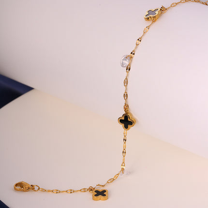 Tobillera Clásica De Cadena De Acero Inoxidable Con  Flor De Cuatro Hojas Y Circonio