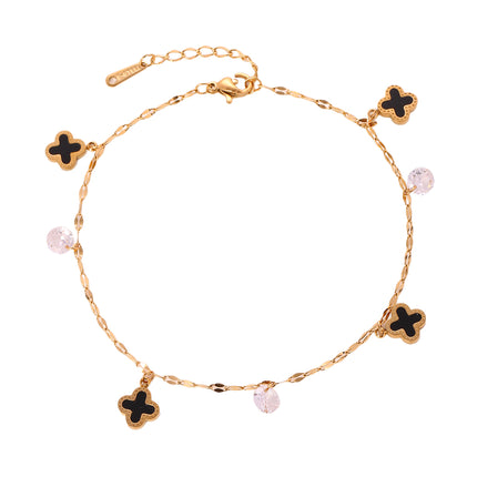 Tobillera Clásica De Cadena De Acero Inoxidable Con  Flor De Cuatro Hojas Y Circonio