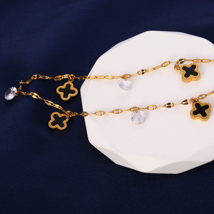 Tobillera Clásica De Cadena De Acero Inoxidable Con  Flor De Cuatro Hojas Y Circonio