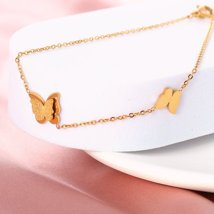 Tobillera Plana Cadena De Acero Inoxidable Con Mariposa Brillante De Arena Prensada Para Mujer