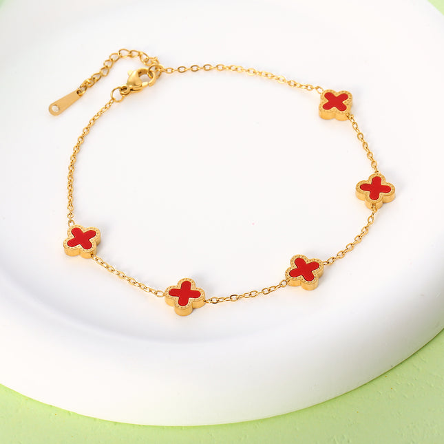 Tobillera Cadena Plana De Acero Inoxidable Con Flores De Cuatro Hojas Rojas Para Mujer