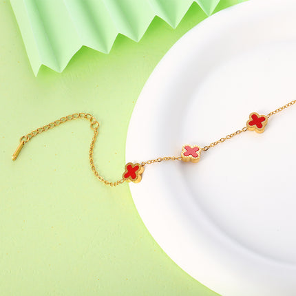 Tobillera Cadena Plana De Acero Inoxidable Con Flores De Cuatro Hojas Rojas Para Mujer