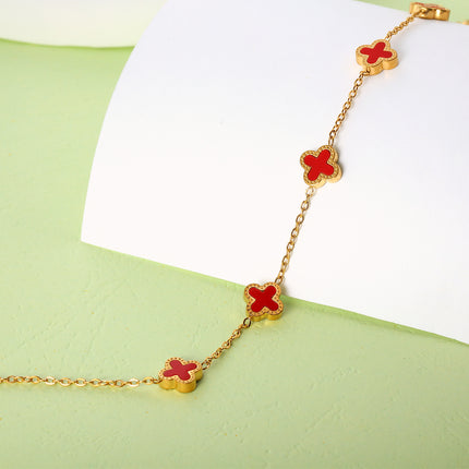 Tobillera Cadena Plana De Acero Inoxidable Con Flores De Cuatro Hojas Rojas Para Mujer