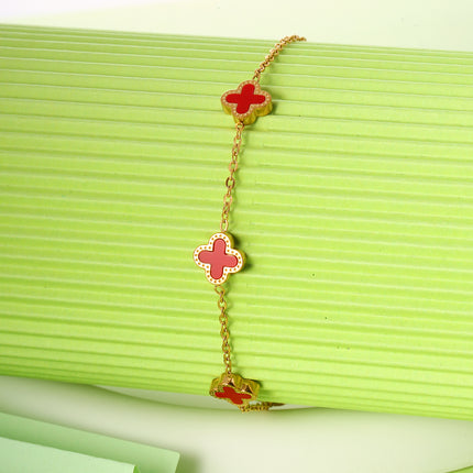 Tobillera Cadena Plana De Acero Inoxidable Con Flores De Cuatro Hojas Rojas Para Mujer