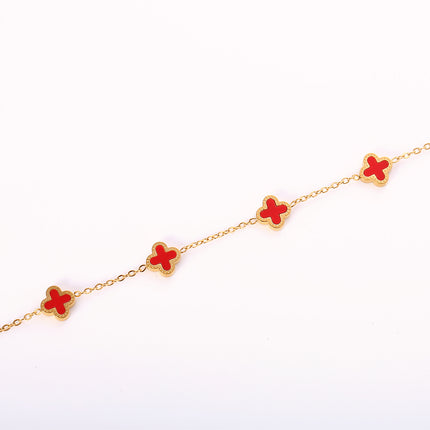 Tobillera Cadena Plana De Acero Inoxidable Con Flores De Cuatro Hojas Rojas Para Mujer