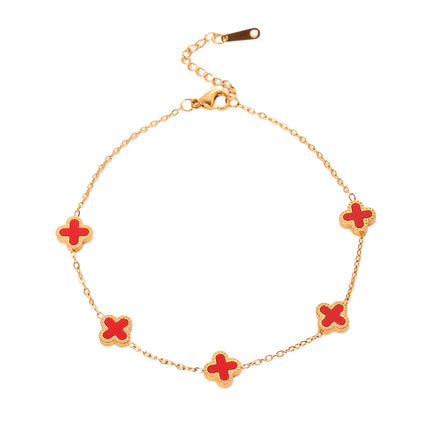 Tobillera Cadena Plana De Acero Inoxidable Con Flores De Cuatro Hojas Rojas Para Mujer