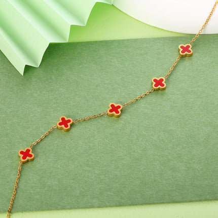 Tobillera Cadena Plana De Acero Inoxidable Con Flores De Cuatro Hojas Rojas Para Mujer