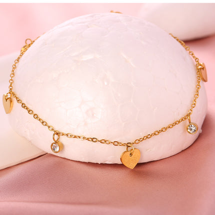 Tobillera Cadena Fina De Acero Inoxidable Con Corazones Brillantes Y Diamantes De Imitación