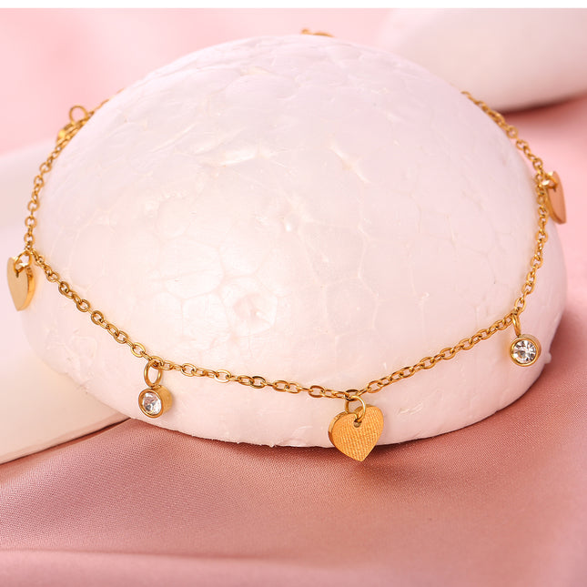 Tobillera Cadena Fina De Acero Inoxidable Con Corazones Brillantes Y Diamantes De Imitación