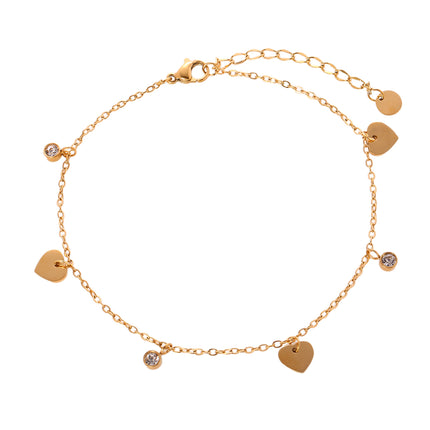 Tobillera Cadena Fina De Acero Inoxidable Con Corazones Brillantes Y Diamantes De Imitación