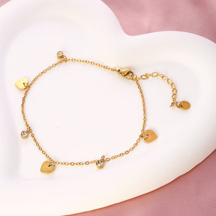 Tobillera Cadena Fina De Acero Inoxidable Con Corazones Brillantes Y Diamantes De Imitación