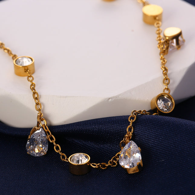 Tobillera Cadena Fina Con Diamantes Con Respaldo Y Garra Blanca De Cironio De Acero Inoxidable