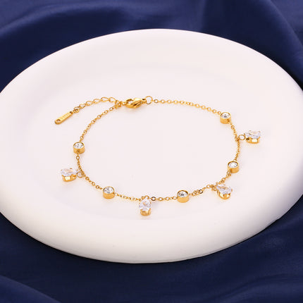 Tobillera Cadena Fina Con Diamantes Con Respaldo Y Garra Blanca De Cironio De Acero Inoxidable