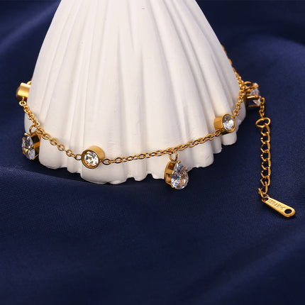 Tobillera Cadena Fina Con Diamantes Con Respaldo Y Garra Blanca De Cironio De Acero Inoxidable
