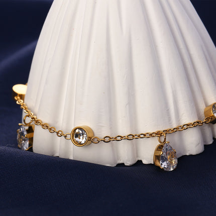 Tobillera Cadena Fina Con Diamantes Con Respaldo Y Garra Blanca De Cironio De Acero Inoxidable