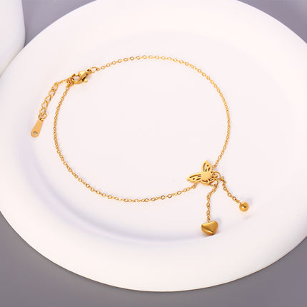 Tobillera Elegante Cadena De Acero Inoxidable Plana Con Corazón Curvada Y Cuenta Ligera Con Mariposa