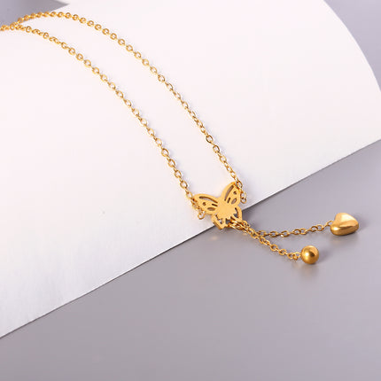 Tobillera Elegante Cadena De Acero Inoxidable Plana Con Corazón Curvada Y Cuenta Ligera Con Mariposa