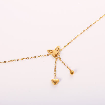 Tobillera Elegante Cadena De Acero Inoxidable Plana Con Corazón Curvada Y Cuenta Ligera Con Mariposa