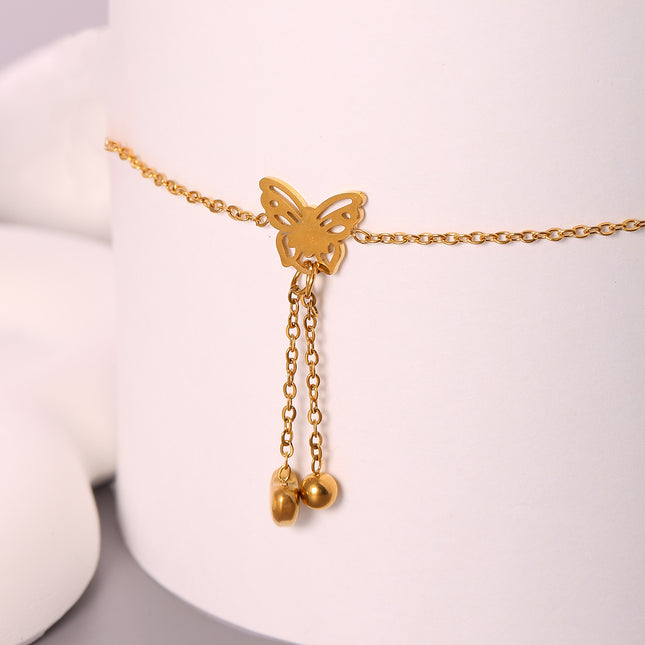 Tobillera Elegante Cadena De Acero Inoxidable Plana Con Corazón Curvada Y Cuenta Ligera Con Mariposa
