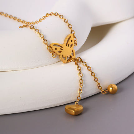 Tobillera Elegante Cadena De Acero Inoxidable Plana Con Corazón Curvada Y Cuenta Ligera Con Mariposa