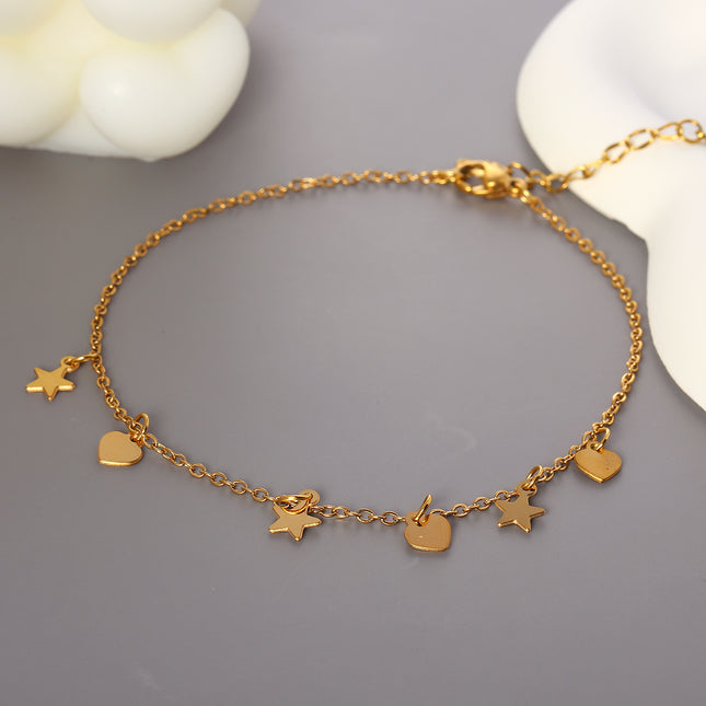 Tobillera De Acero Inoxidable Cadena Fina Con Corazones Y Estrellas Brillantes Para Mujer