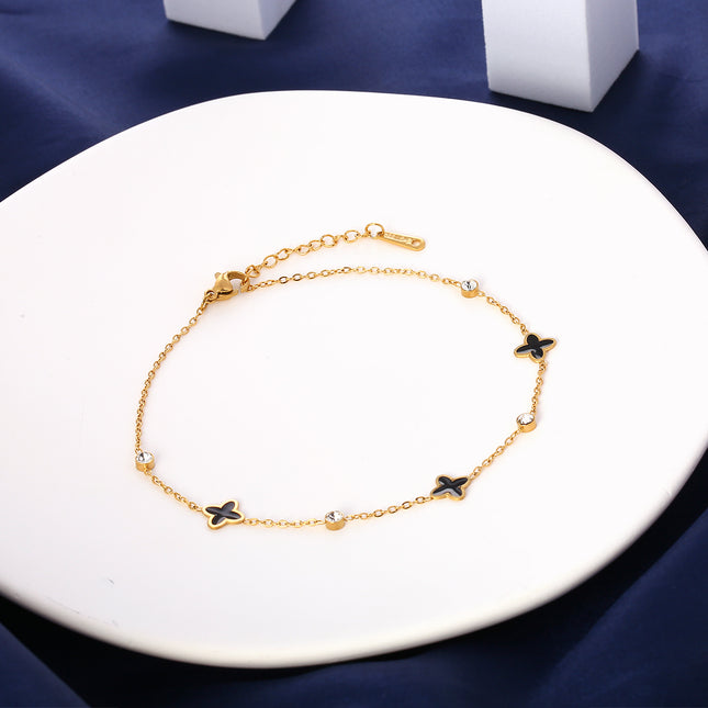 Tobillera De Cadena Plana Con Flores De Cuatro Hojas Diamantes Para Mujer De Acero Inoxidable