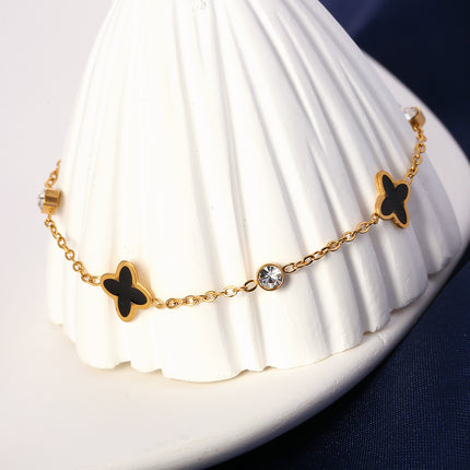 Tobillera De Cadena Plana Con Flores De Cuatro Hojas Diamantes Para Mujer De Acero Inoxidable