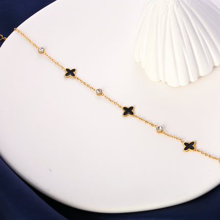 Tobillera De Cadena Plana Con Flores De Cuatro Hojas Diamantes Para Mujer De Acero Inoxidable