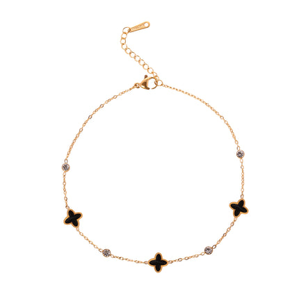 Tobillera De Cadena Plana Con Flores De Cuatro Hojas Diamantes Para Mujer De Acero Inoxidable