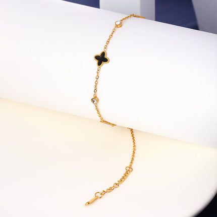 Tobillera De Cadena Plana Con Flores De Cuatro Hojas Diamantes Para Mujer De Acero Inoxidable
