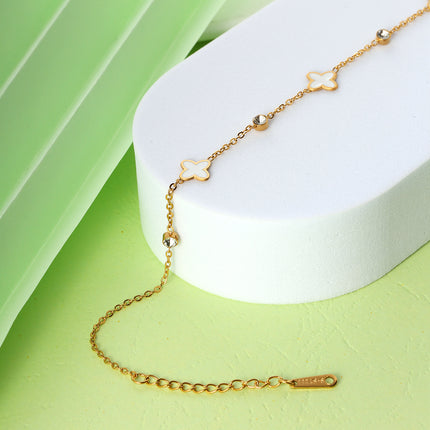 Tobillera De Cadena Plana Con Flores De Cuatro Hojas Diamantes Para Mujer De Acero Inoxidable