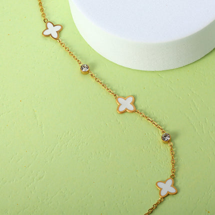Tobillera De Cadena Plana Con Flores De Cuatro Hojas Diamantes Para Mujer De Acero Inoxidable