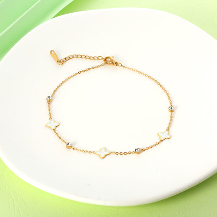 Tobillera De Cadena Plana Con Flores De Cuatro Hojas Diamantes Para Mujer De Acero Inoxidable