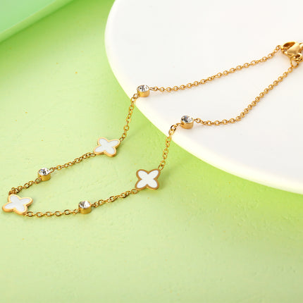 Tobillera De Cadena Plana Con Flores De Cuatro Hojas Diamantes Para Mujer De Acero Inoxidable