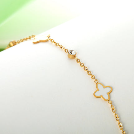 Tobillera De Cadena Plana Con Flores De Cuatro Hojas Diamantes Para Mujer De Acero Inoxidable