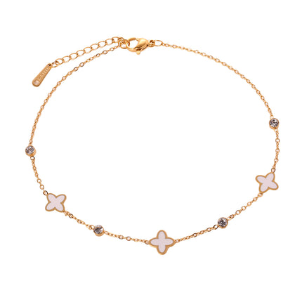 Tobillera De Cadena Plana Con Flores De Cuatro Hojas Diamantes Para Mujer De Acero Inoxidable