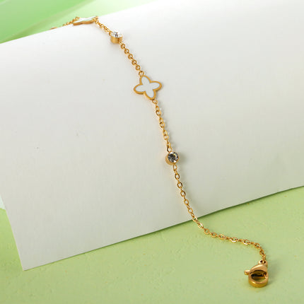 Tobillera De Cadena Plana Con Flores De Cuatro Hojas Diamantes Para Mujer De Acero Inoxidable