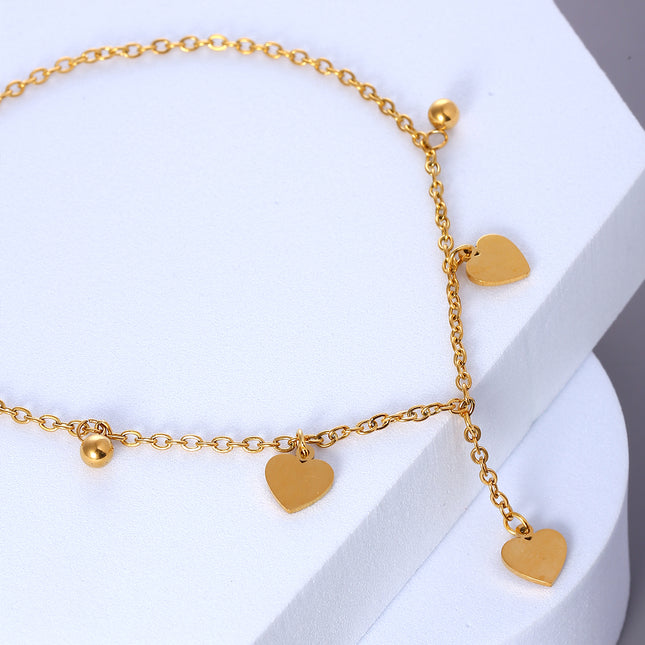 Tobillera Plana De Cadena De Acero Inoxidable Con Corazones Lisos Y Bolas Redondas
