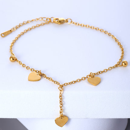 Tobillera Plana De Cadena De Acero Inoxidable Con Corazones Lisos Y Bolas Redondas
