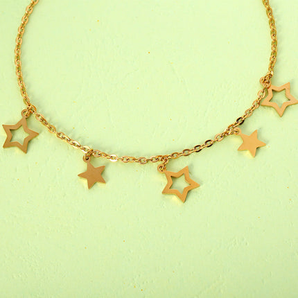 Tobillera Cadena Plana Con Tres Estrellas Huecas Y Dos Estrellas Sólidas De Acero Inoxidable
